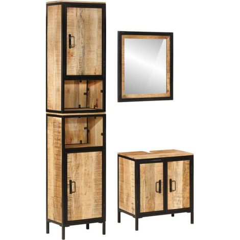 Ensemble de Meubles de Salle de Bain 3 Pièces en Fer Forgé et Bois de Manguier (1/5)
