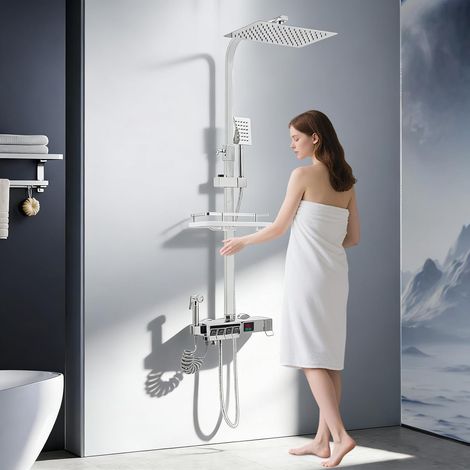 Ensemble de douche thermostatique 4 modes avec douchette et pommeau de douche en laiton - Bouton piano - Affichage numérique - Colonne de douche réglable avec panier de rangement