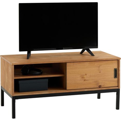 Idimex – Meuble TV industriel en pin massif brun clair – 2 compartiments avec étagères réglables – Dimensions 47x98x47 cm – Porte coulissante avec poignée en métal (1/4)