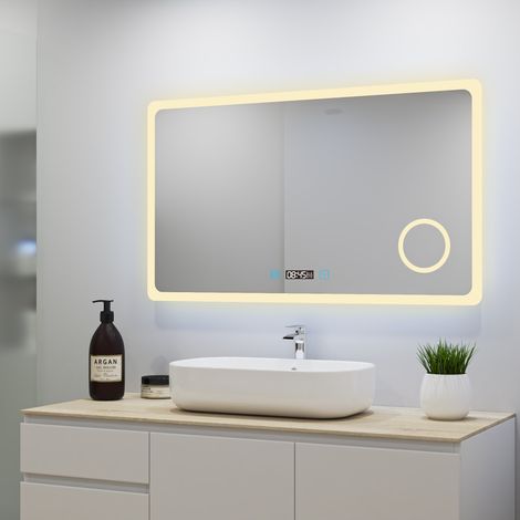 Ocean Sanitaire – Miroir grossissant lumineux 80x60cm – 3 couleurs LED réglables – Anti-buée – Horloge numérique – Installation facile (1/5)