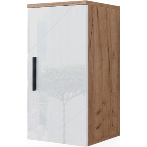 Badschrank Irma, Weiß Hochglanz/Goldkraft Eiche, 30 x 59 cm mit Regal, Vicco