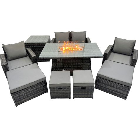 Fimous Outdoor Love Sofa Set 8 Seat Rattan Garden Furniture Set with Gas Firpit Dining Table 4 Footstools Side Table Dark Grey Mixed (1/4)