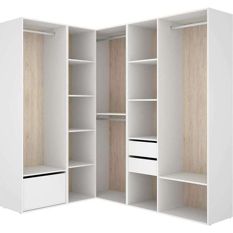 Vestidor de rincón Reus 2 cajones, zapatero y trasera reversible en blanco/natural, 204.5cm(alto) 144.5cm(ancho) 186.3cm(fondo).
