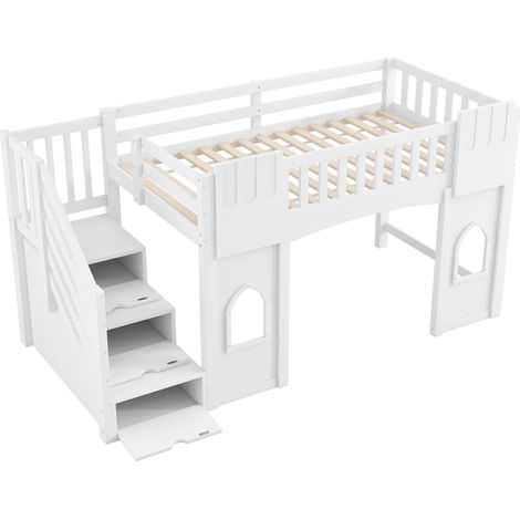 Lit mezzanine 90 x 200 cm avec escalier de rangement et fenêtre, blanc (1/5)