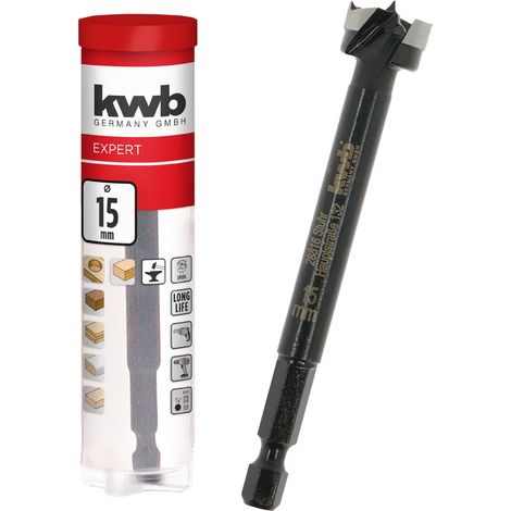 kwb Mèche à bois, Ø 15 mm, mèche à cloche (pour le bois, tête de perçage forgée, affûtage spécial, trous de perçage rapides et sans éclats, pointe de centrage affûtée sur 4 côtés, longue durée de vie) (1/5)