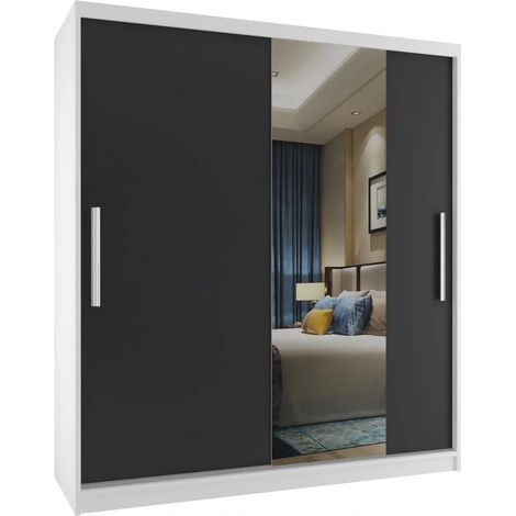 BELINI Verona MSE Schiebetürenschrank 133 cm - Kleiderschrank mit Spiegel & Kleiderstange, Schlafzimmer - Weiß/Schwarz Matt (1/5)