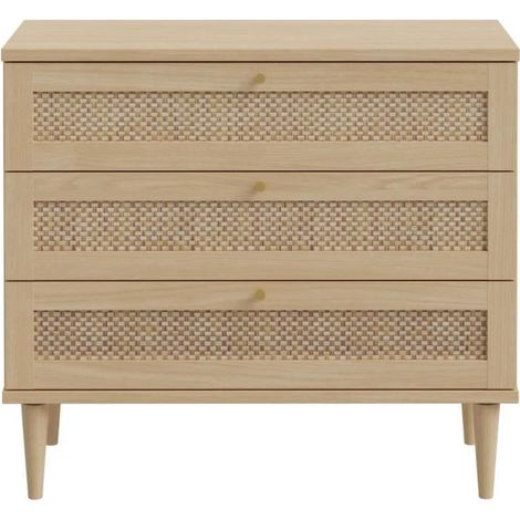 Commode - 3 tiroirs - Décor Chêne- Cannage - L90,4 x P41,4 x H80 cm - CALASETTA (1/5)