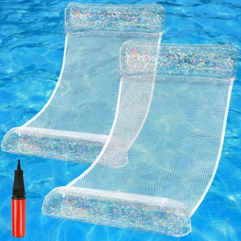2PCS Matelas Gonflable Piscine avec Paillette, Coussin d’air sur l’Eau, Hamac Flottant Filet, Bouee Transparente - (1/5)