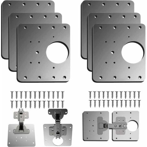 RHG 6 Pièces Plaque Reparation Charniere Porte d'armoire, plaque de réparation de charnière de porte de placard de cuisine avec trou, supports de fixation plats en acier inoxydable avec vis (6)