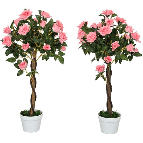Set of 2 Artificial Plants Pink Rose Floral in Pot, Fake Plants for Home Indoor Decor, 90cm (1/5)