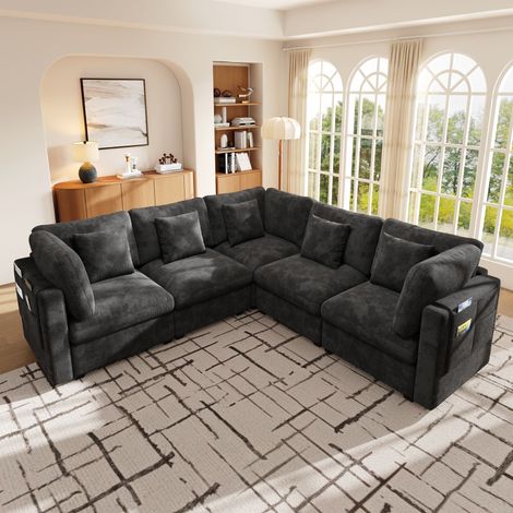 Canapé d'angle en L grand 5 places –3 pochettes pratiques confort aux accoudoirs, 5 coussins inclus, tissu chenille, polyvalent salon/chambre - gris (1/5)