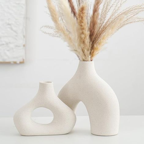Lot de 2 Vases en Céramique Beige Style Bohème, Vase Décoratif Moderne pour Fleurs Séchées et Décoration Intérieure (1/5)