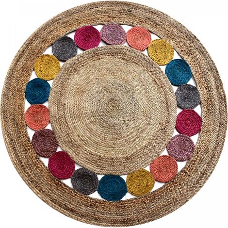 Tapis rond fait à la main Ø200cm multicolore en jute motif géométrique pour entrée (1/5)