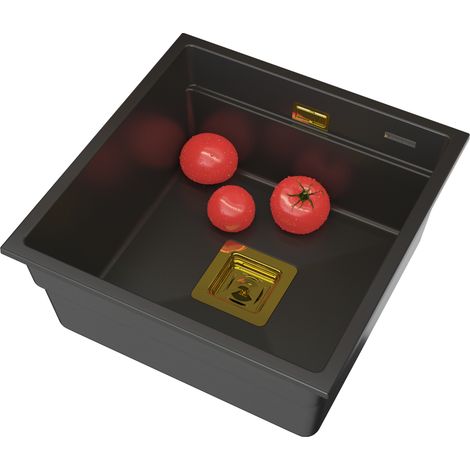 Évier de Cuisine Encastré/À Poser en Granit - Granitan Epir 44 Noir - 1 Bac Carré avec Siphon Doré - Compatibilité Lave-vaisselle/Lave-linge - 440x450 mm (1/5)