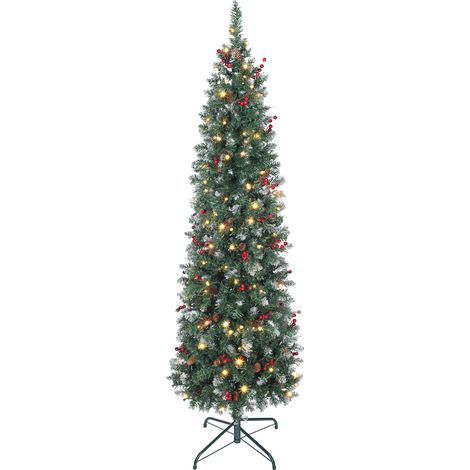 HOMCOM árbol de Navidad artificial estrecho 180 cm, con luces led, 7 modos de iluminación, 461 ramas, piñas, bayas y soporte metálico, verde (1/5)