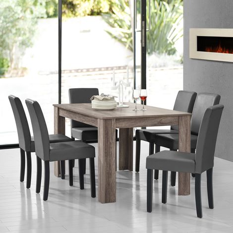 Set Pranzo con Tavolo 140x90 cm e 6 Sedie in Similpelle - Effetto Rovere Antico / Grigio scuro  [en.casa] (1/5)