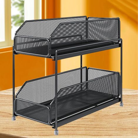 Tiroir coulissant organisateur d'armoire 2 niveaux, grille en acier au carbone, grande capacité, entretien facile, noir (1/5)