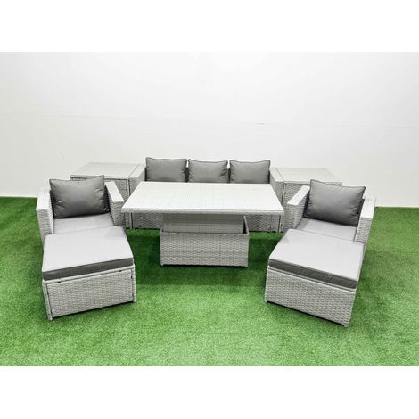Fimous 8 PCs Rising Dining Table Set Rattan Furniture Set with 3 Seater Sofa Chair 2 Big Footstools 2 Side Tables Light Grey (1/5)
