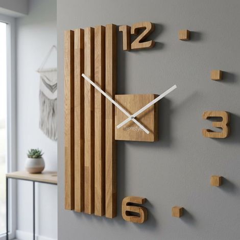 Horloge murale 3D DIY en bois de chêne lamelles grande horloge murale 60 cm Design moderne Décoration Horloges pour bureau, salon, chambre à coucher (1/5)
