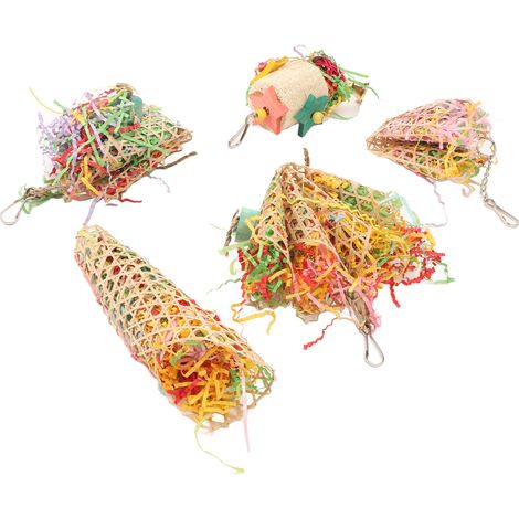 Lot de 5 jouets à mâcher suspendus, amusants et sûrs, pour oiseaux, avec crochets métalliques, parfaits pour les cages de voyage et les aires de jeux. (1/5)
