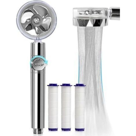Douchette, Pommeau de Douche Anti Calcaire Economie Deau, Pommeau de Douche Helice Haute Pression Filtre à Trois Niveaux Système de Filtrage avec Filtre 3 Coton PP Remplaçable(argent)-Ensolei (1/5)