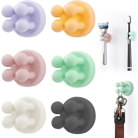 Lot de 6 Supports de Brosse à Dents en Silicone Multifonction pour Rasoir Étanche Auto adhésif Mural pour Mur ou Verre pour Suspendre Salle de Bain, Cuisine, Salon, Bureau (Couleur) (1/5)