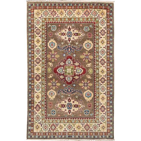Tapis salon 121 x 193 cm, géométrique, marron, beige et rouge, en laine noué à la main, artisanal et authentique (1/5)