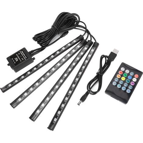 Lumières d'ambiance LED USB pour voiture, 4 pièces/12 LED bande lumineuse multicolore pour voiture, kit d'éclairage sous le tableau de bord avec fonction sonore active et télécommande (22.5CM) (1/5)