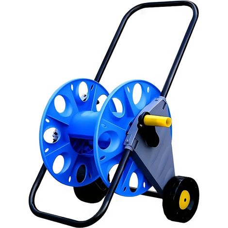 (ROYAUME-UNI, Bleu) Chariot à tuyau d'arrosage manuel, enrouleur de tuyau d'arrosage à 4 roues, robuste, pour jardin, cour ou maison, bleu (1/3)