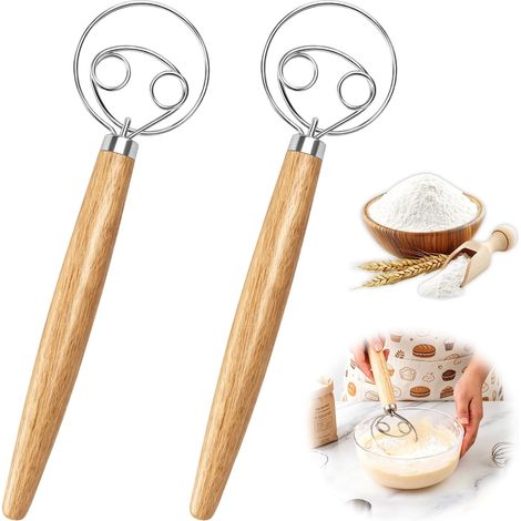 2PCS 304 Batteur à Pâte Manue, Fouet à Pâte Danois en Acier Inoxydable avec Manche Ergonomique, Mélangeur à Pain, Outil pour Pâtisserie, Gâteaux, Pizza, Mélange Rapide Sans Électricité (1/5)