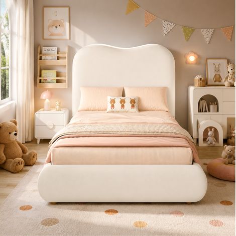 Lit coffre enfant 90x200 cm en velours avec sommier à lattes, tête de lit rembourrée, beige DESVIAE (1/5)