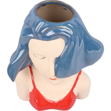 Mädchengesicht-Vase, moderne Deko-Skulptur, Keramikkopfvase für Wohnzimmer, Schlafzimmer, Büro, Blau (1/5)