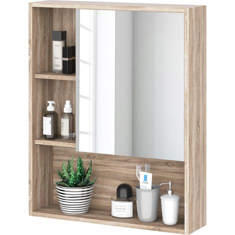 Armoire de toilette avec miroir et étagères réglables, gain de place, avec porte, fixation murale, 60 x 15 x 76 cm, chêne