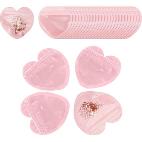 50 sacchettini rosa a forma di cuore per gioielli con chiusura a zip autosigillante - sacchetti trasparenti per imballaggio con cerniera richiudibile - piccoli gioielli (1/4)