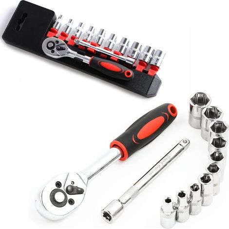 Jeu de 12 clés à douille à cliquet de 6,35 mm, kit d'outils de mécanicien et douilles avec poignée à cliquet réversible à dégagement rapide et barre d'extension (1/5)