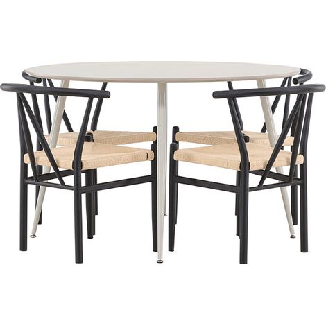 Plaza Essgruppe Tisch Ø120cm und 4 Stühle mit Armlehnen stapelbar beige.