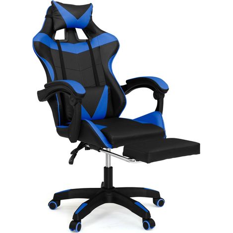 Idmarket – Fauteuil gaming réglable noir et bleu – Repose-pied télescopique – Dossier inclinable 135° – Coussins ajustables