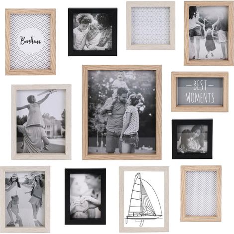 Set de 12 Cadres Photo Multi-tailles Effet Bois Naturel Blanc et Noir (1/3)