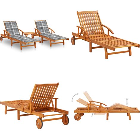 Chaises longues lot de 2 avec table et coussins Acacia solide - Chaise longue bois acacia - Chaise longue avec table (1/5)