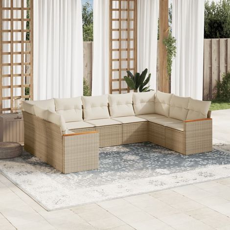 Set de sofás de jardín 9 pzas con cojines ratán sintético beige vidaXL (1/5)