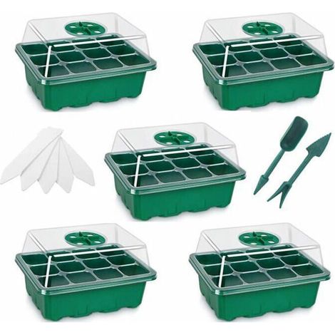 Mini Serre pour Plantes, 5 Pièces 12 Cellules Intérieure Plateau Semis Bac à semis Pépinière Bote de Culture avec Couvercle et