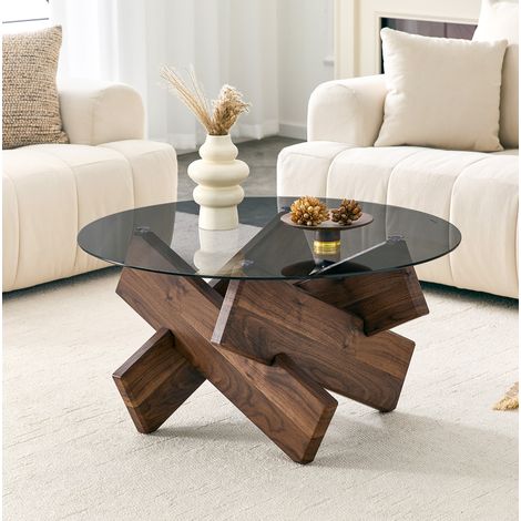 Runder Couchtisch 79x79x45 cm Glas & MDF Nussbaum, gehärtete Platte – MEUBLIV (1/5)