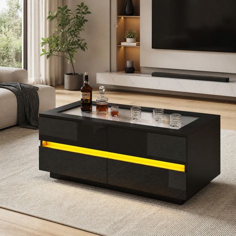Tavolino da caffè 100x50x40 cm, con 4 cassetti, illuminazione LED, piano in vetro temperato, effetto lucido, nero, truciolato (1/5)