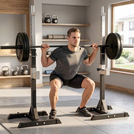 Set 2 Rack Porte Balance en acier, 2 crochets avec hauteur réglable, Capacité 150kg, 55x57x105-170cm, Noir