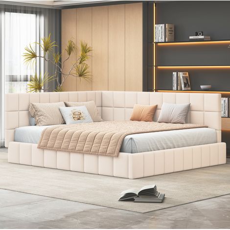 Schlafsofa Polsterbett aus Samtstoff Beige 160x200 cm inklusive Lattenrost (1/5)