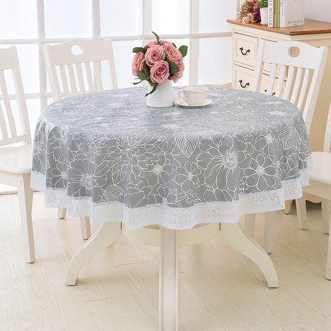 (Grey, 152cm)Round PVC Oilcloth Tablecloth, with Floral and Lace Pattern, Waterproof Stain Resistant Round Tablecloth Oilcloth Dining Table Cover, for Dining Room, Garden, Cafe, Party