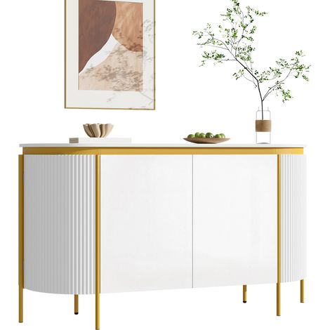 Rangement et Organisation du Séjour : Buffet Bas Ovale Blanc 4 Portes avec Passe-Câbles et Cannelures Latérales (1/5)
