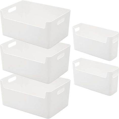 Lot de 5 boîtes de rangement en plastique avec poignées, contenants en plastique blanc, bacs de rangement pour armoires de cuisine, de salle de bain et de bureau (2 tailles)