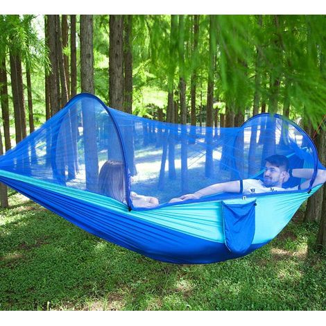 Hamac de Camping avec moustiquaire, hamac Portable en Nylon léger, pour hamac de Camping Double extérieur à Vitesse Automatique Ouverte（bleu et bleu，250x120cm）