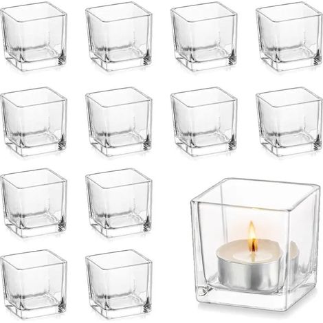 Lot de 12 photophores en verre transparent pour décoration de table de mariage, centre de table, anniversaire, sal - Clair 12 pièces (1/5)